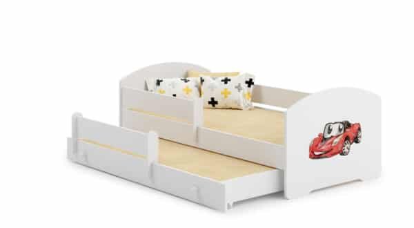 Vaikiška dvigulė lova Luk su čiužiniu ir apsauginiu barjeru 164x85x63 / 145x80x15cm, sportinis automobilis