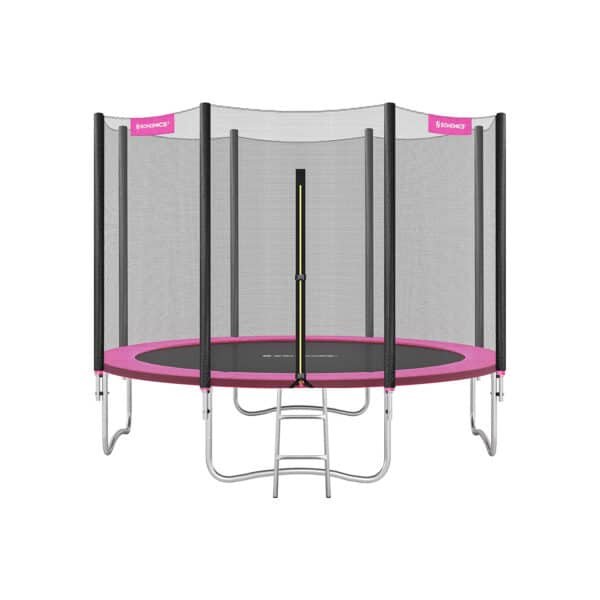 Batutas Ø 366 cm. su apsauginiu tinkleliu, kopėčiomis ir paminkštintais stulpais, rožinės spalvos