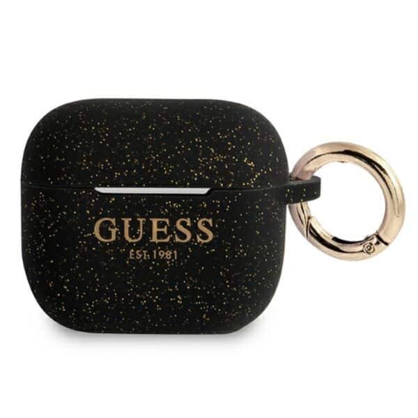 Guess Silicone Glitter Case Est – dėklas, skirtas Airpods 3 (juodas)