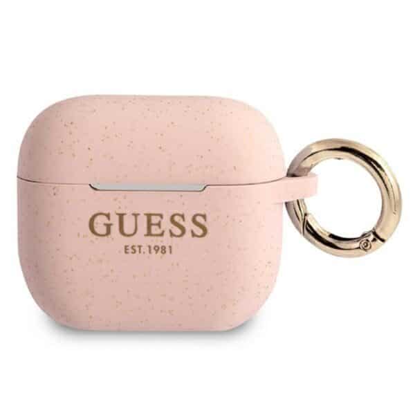 Guess Silicone Glitter Case Est – dėklas, skirtas Airpods 3 (rožinis)