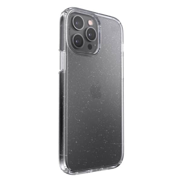 Speck Presidio Perfect-Clear su blizgučiais – iPhone 13 Pro Max dėklas su MICROBAN danga (Clear / Platinum Glitter)