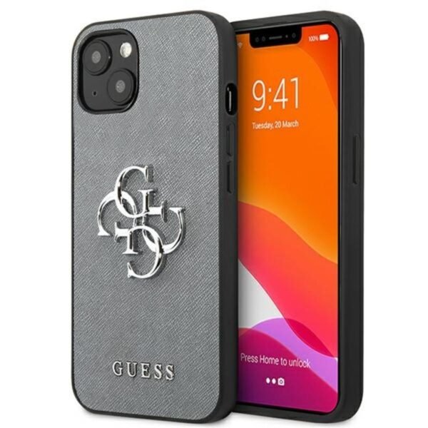 Guess Saffiano 4G Big Silver Logo – dėklas, skirtas iPhone 13 mini (pilkas)