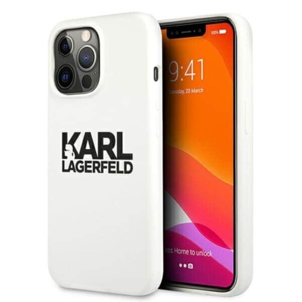 Karl Lagerfeld Silicone Stack logotipas – dėklas, skirtas iPhone 13 Pro Max (baltas)