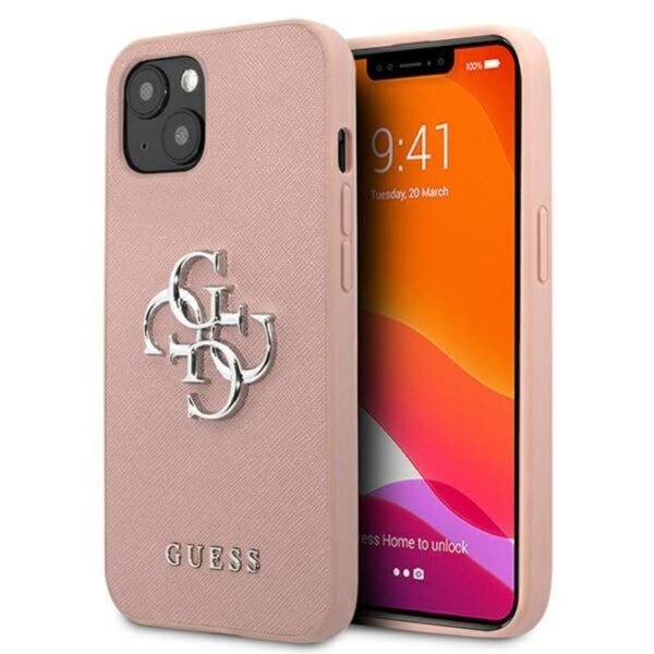 Guess Saffiano 4G didelis sidabrinis logotipas – dėklas, skirtas iPhone 13 (rožinis)