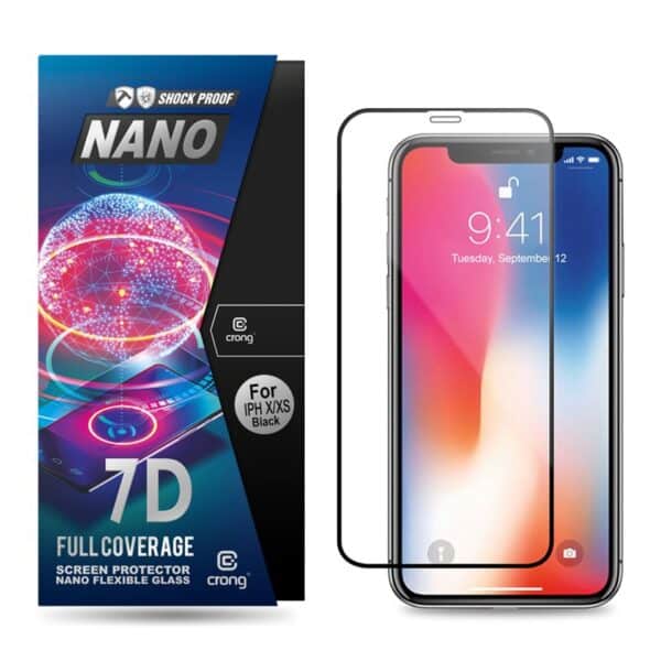 Crong 7D nano lankstus stiklas – pilnai dengianti hibridinė ekrano apsauga 9H iPhone Xs / X