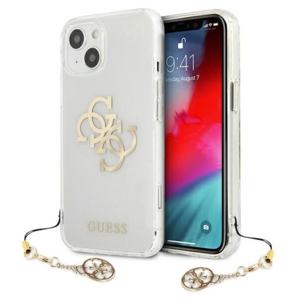 Guess 4G Big Logo Charm Gold dėklas, skirtas iPhone 13 mini (auksiniai pakabukai)