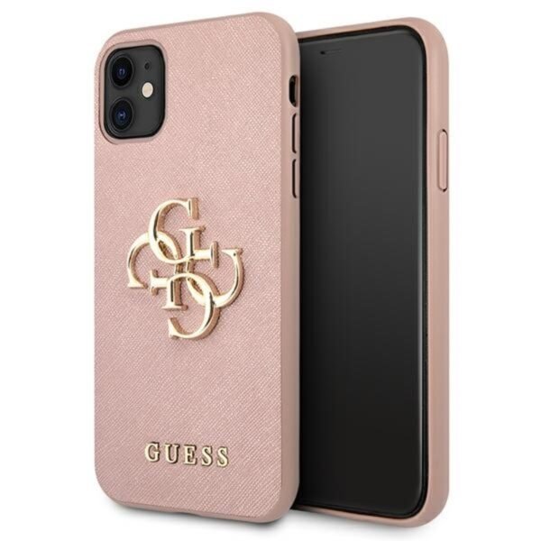 Guess Saffiano 4G didelis metalinis logotipas – iPhone 11 dėklas (rožinis)