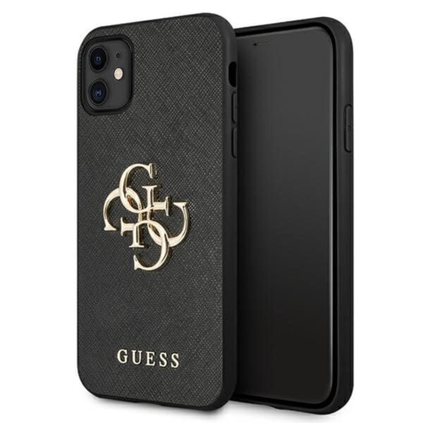 Guess Saffiano 4G didelis metalinis logotipas – iPhone 11 dėklas (juodas)