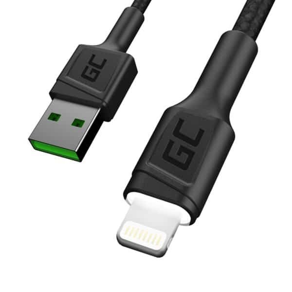 laidas Green Cell Ray USB-A – lightning (Iphone) baltas LED 200 cm su Apple 2.4A greitojo įkrovimo palaikymu