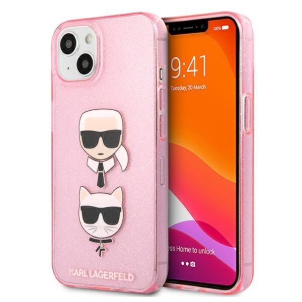 Karl Lagerfeld Glitter Karl & Choupette Head – dėklas, skirtas iPhone 13 (rožinis)