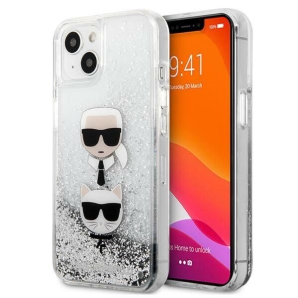 Karl Lagerfeld Liquid Glitter Karl & Choupette Head – iPhone 13 mini dėklas (sidabras)