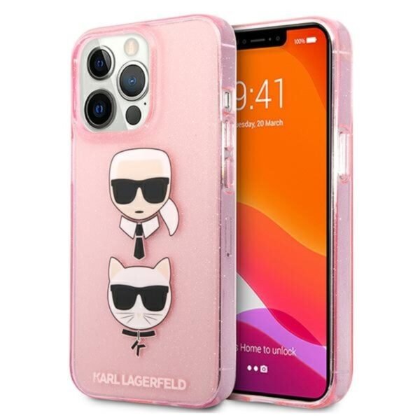 Karl Lagerfeld Glitter Karl & Choupette Head – dėklas, skirtas iPhone 13 Pro Max (rožinis)