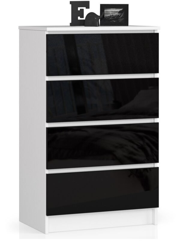 Komoda NORE K60 su 4-iais stalčiais, blizgios juodos spalvos