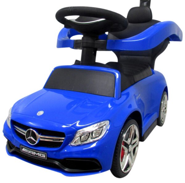 Paspiriamas vaikiškas automobilis Mercedes AMG C63 su garso kolonėle, mėlynas