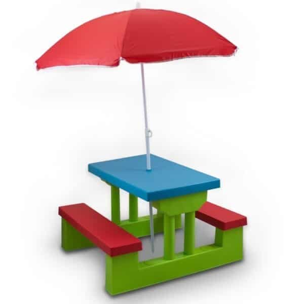 Vaikiškų lauko baldų rinkinys, stalas, 2 suoliukai ir skėtis