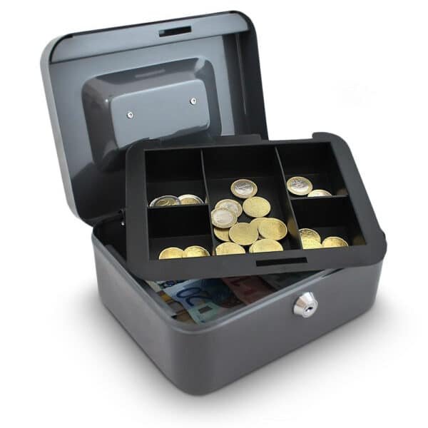 Metalinė dėžutė pinigams 20 cm., tamsiai pilkos spalvos