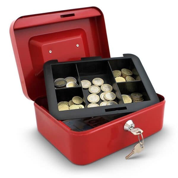 Metalinė dėžutė pinigams 20 cm., raudonos spalvos