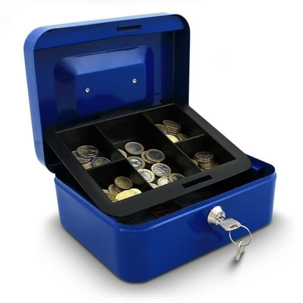 Metalinė dėžutė pinigams 20 cm., mėlynos spalvos