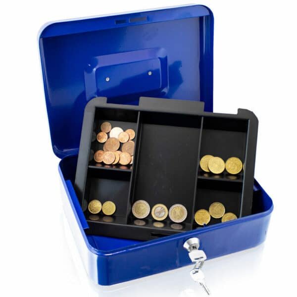 Metalinė dėžutė pinigams 25 cm., mėlynos spalvos